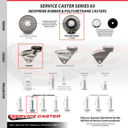 Service Caster 3 Inch Bright Chrome Hooded Polyurethane 3/8 Inch Threaded Stem Caster SCC SCC-TS03S310-PPUBD-BC-381610